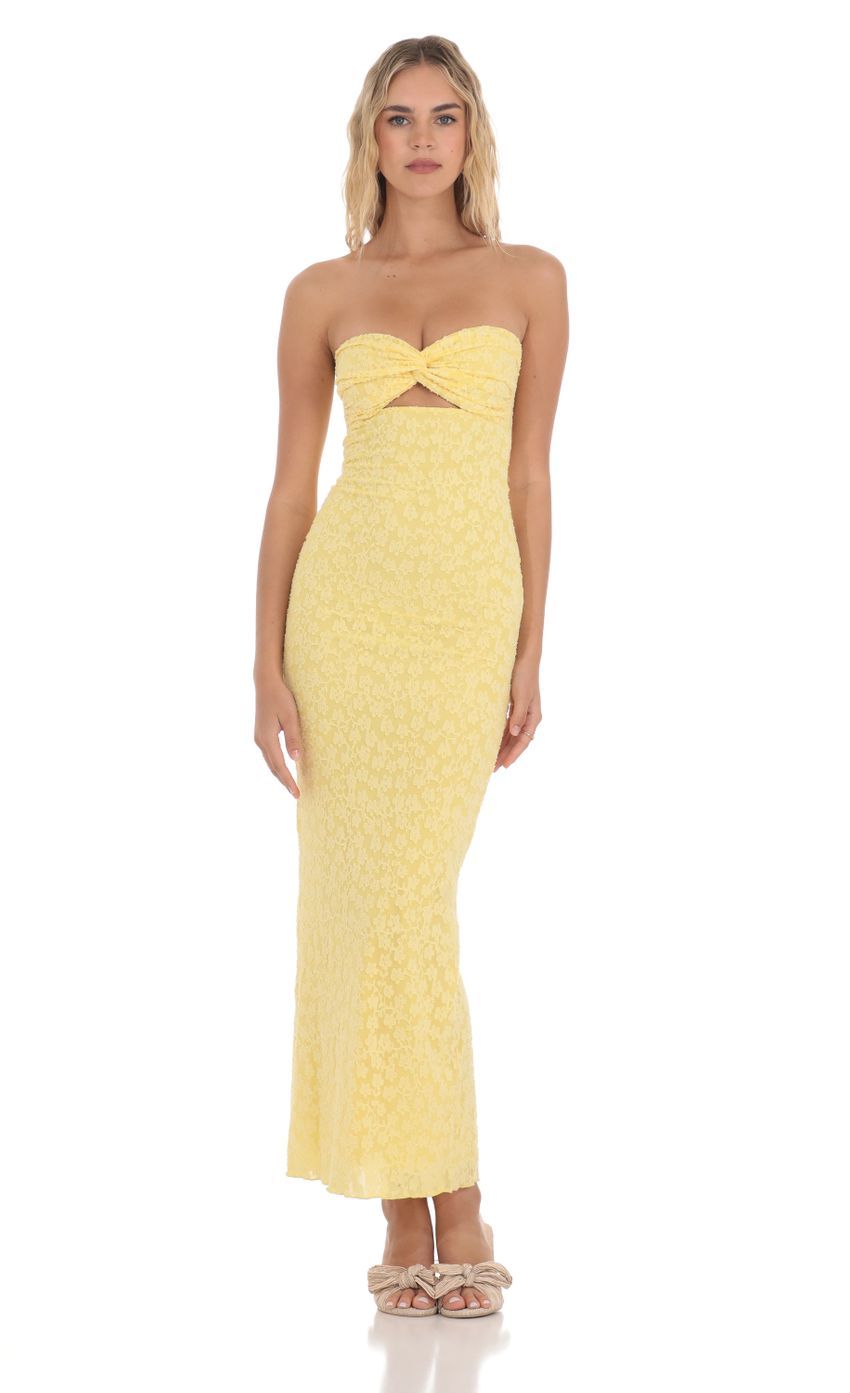 Strapless Textured Floral Twist Maxi Dress in Yellow-Sunny Prom. All rights reserved.