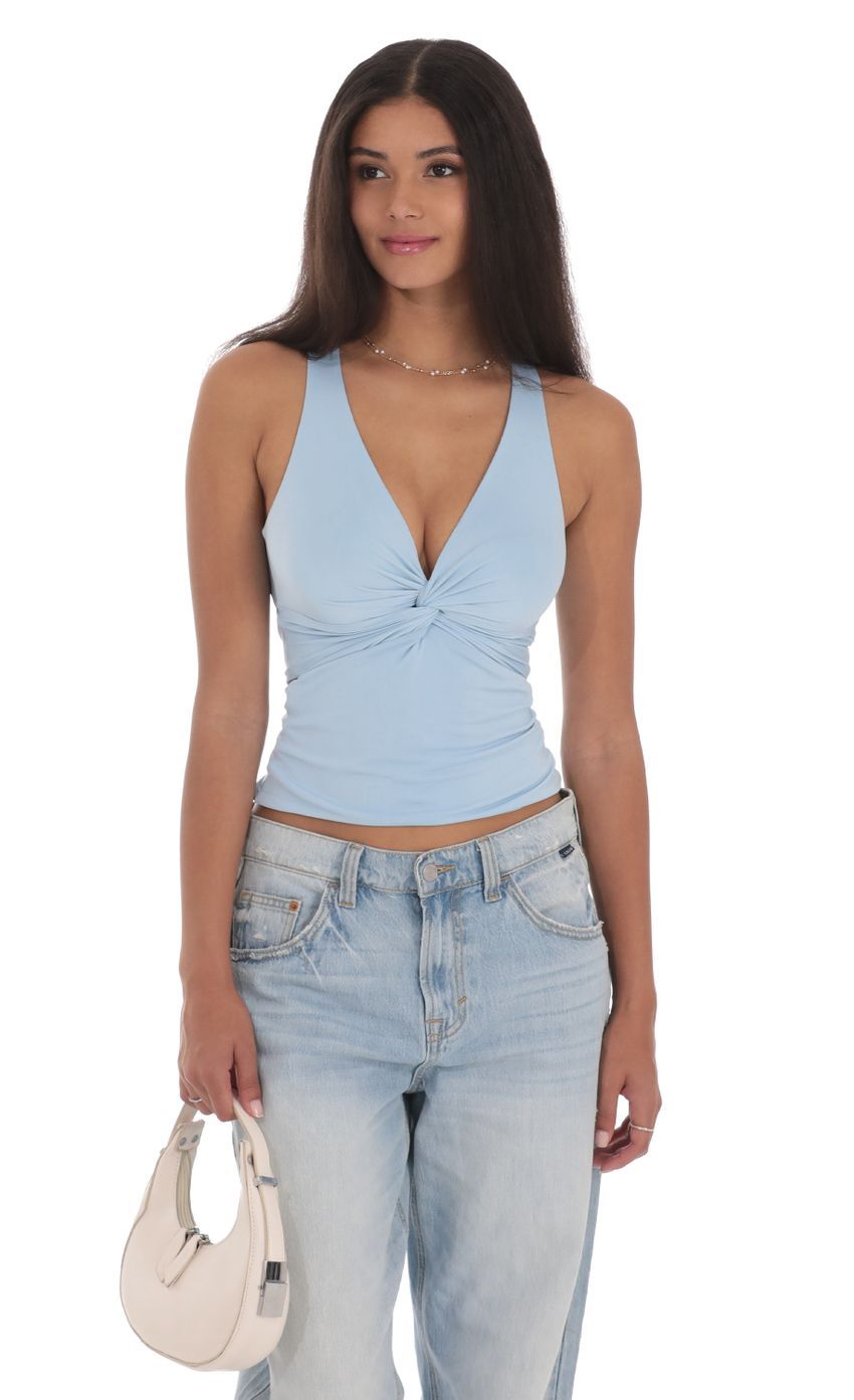Twist Cross Back Top in Blue-Sunny Prom. All rights reserved.