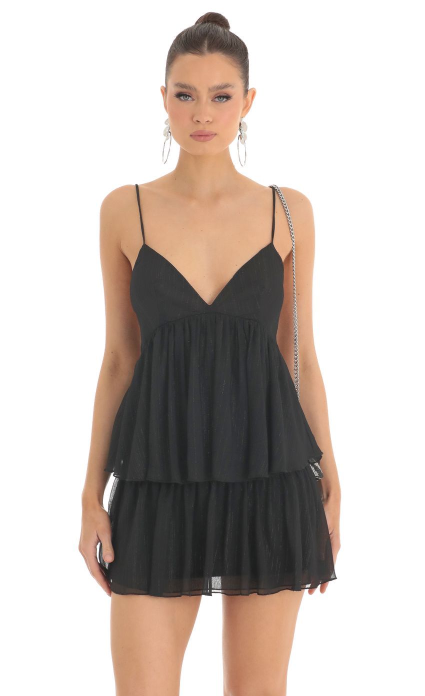 Shiny Chiffon Tiered Dress in Black-Sunny Prom. All rights reserved.