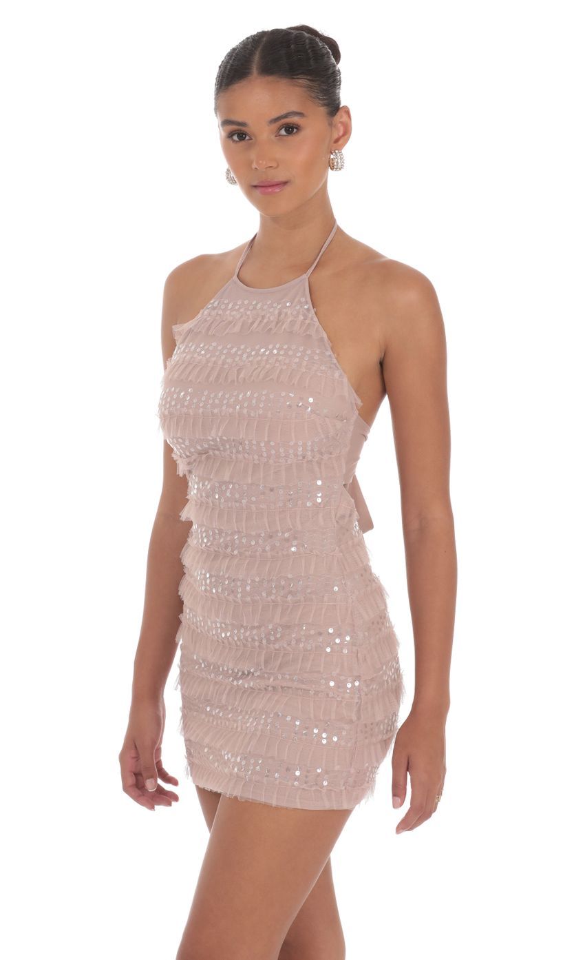Sequin Ruffle Halter Bodycon Dress in Mauve-Sunny Prom. All rights reserved.