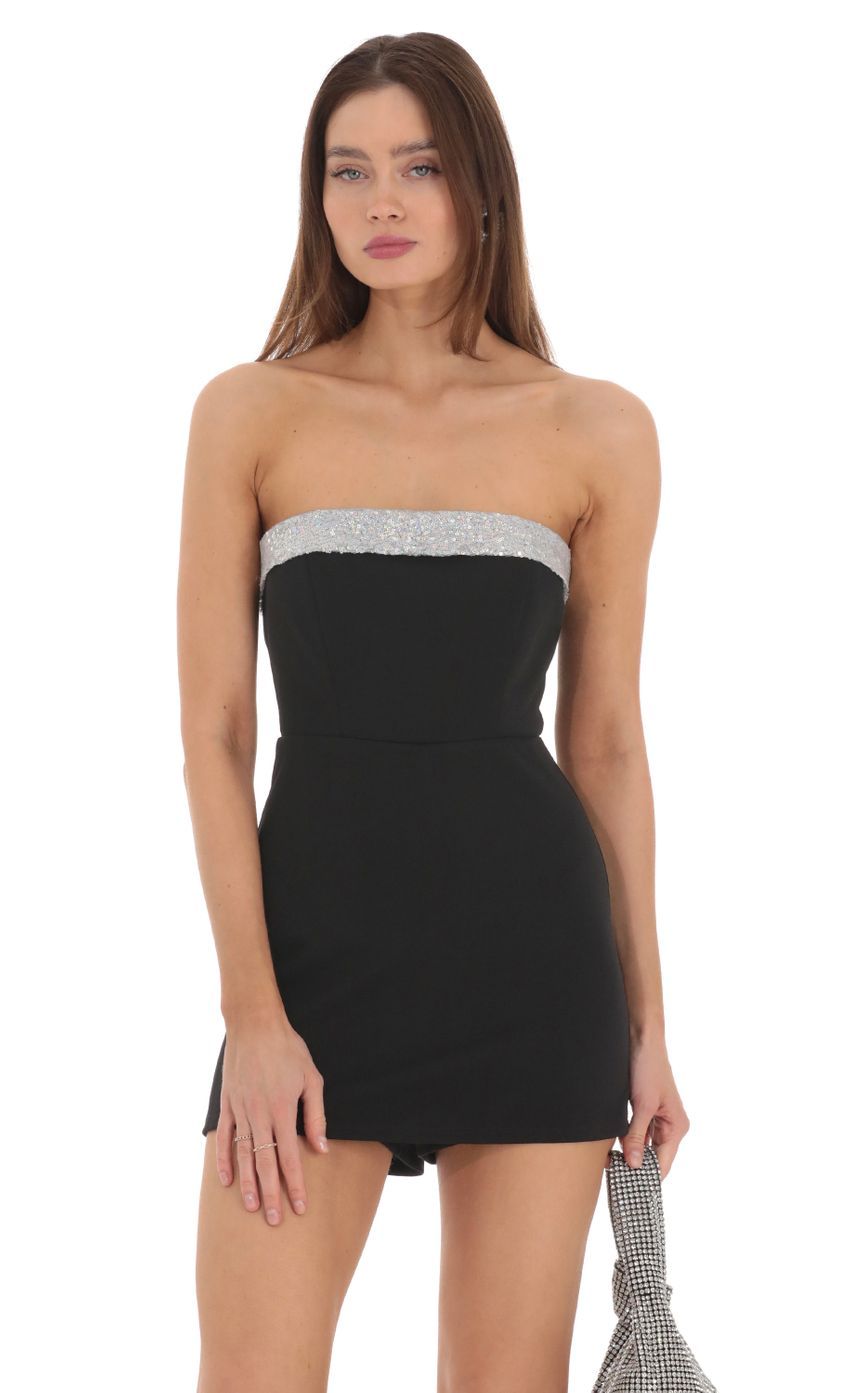 Sequin Trim Strapless Romper in Black-Sunny Prom. All rights reserved.
