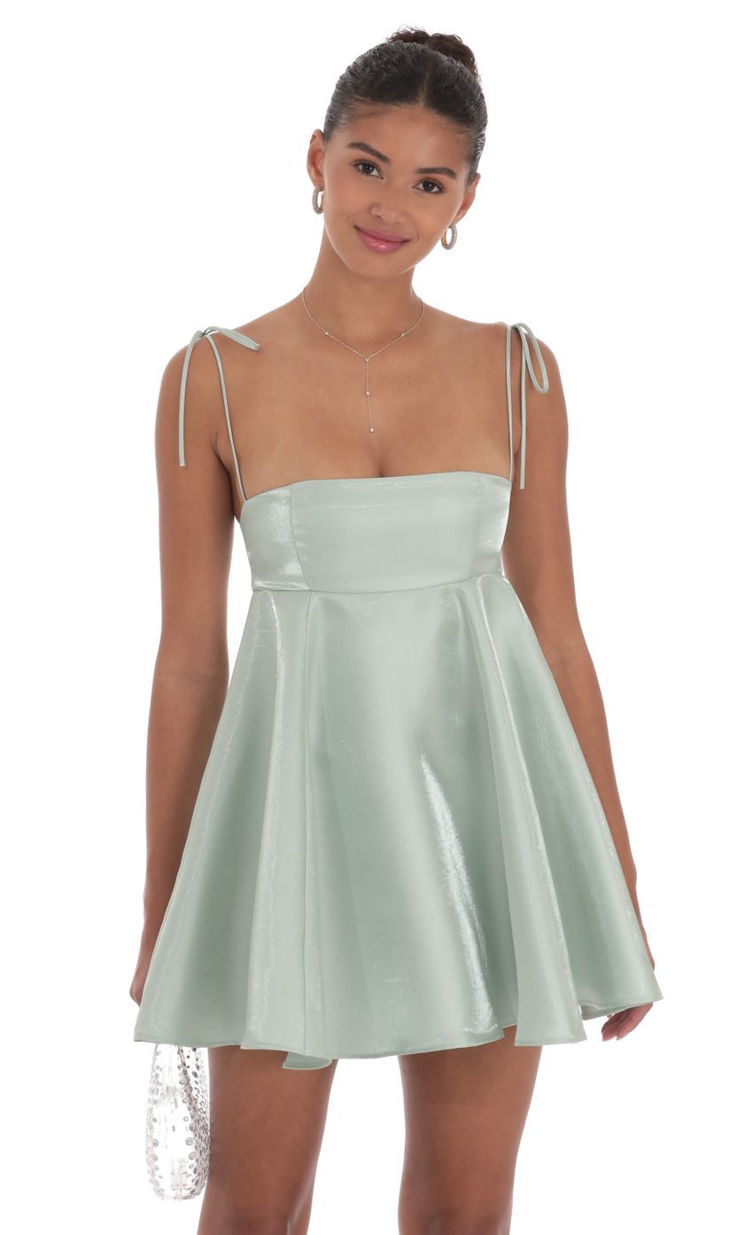 Sheen Flare Babydoll Dress in Sage Green-Sunny Prom. All rights reserved.