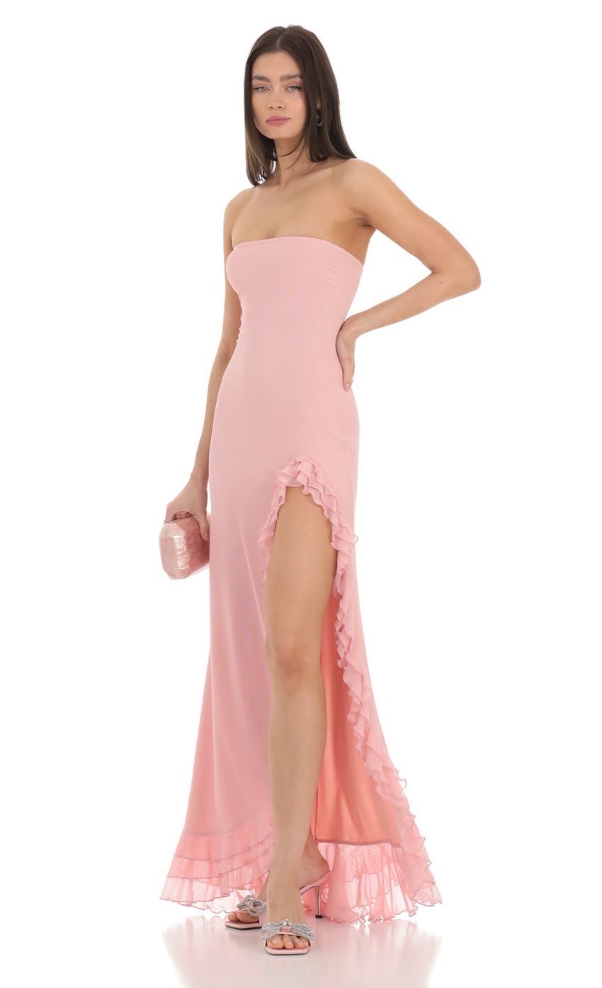 Strapless Mesh Ruffle Maxi Dress in Pink-Sunny Prom. All rights reserved.
