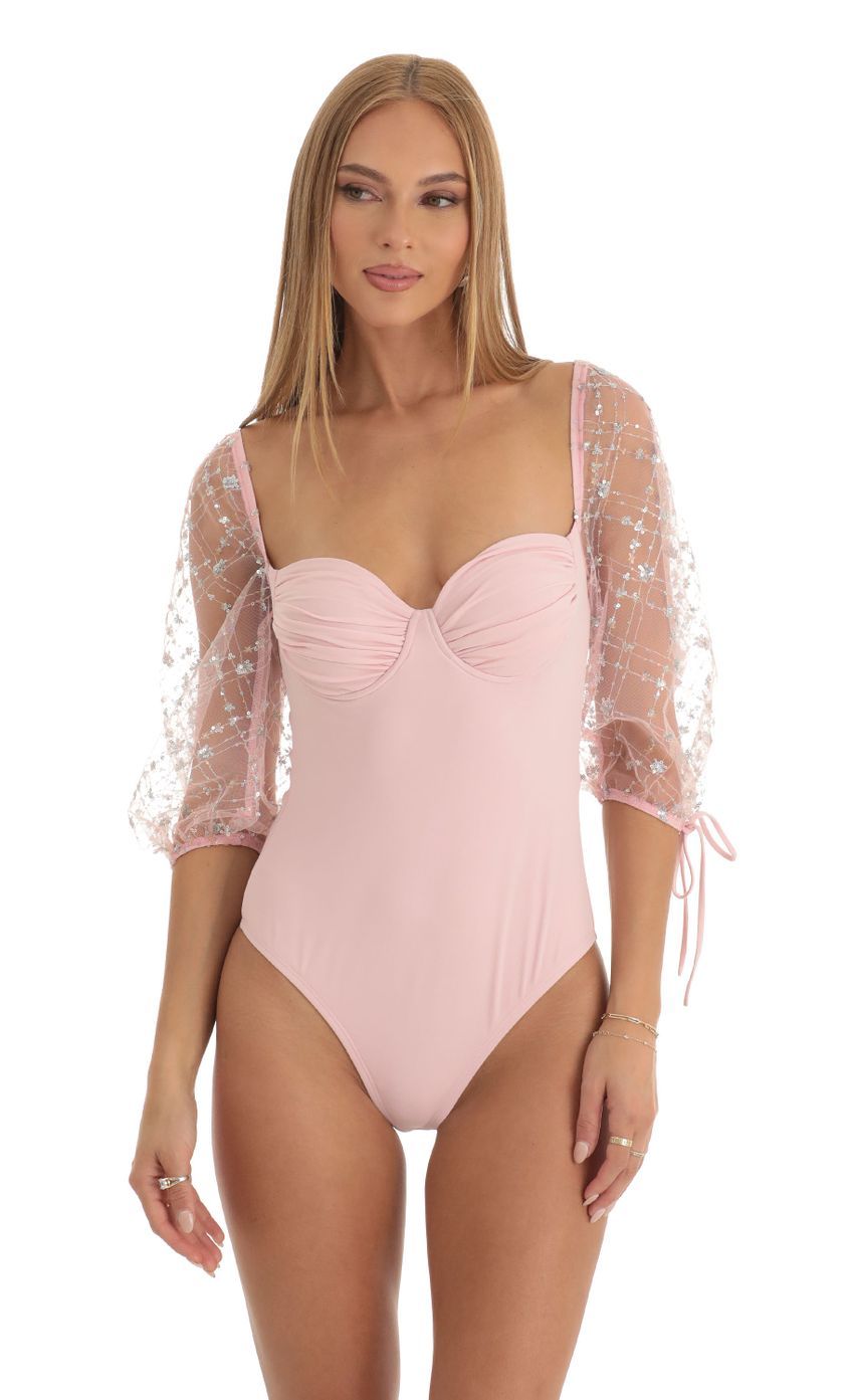 Sequin Puff Sleeve Bodysuit in Pink-Sunny Prom. All rights reserved.