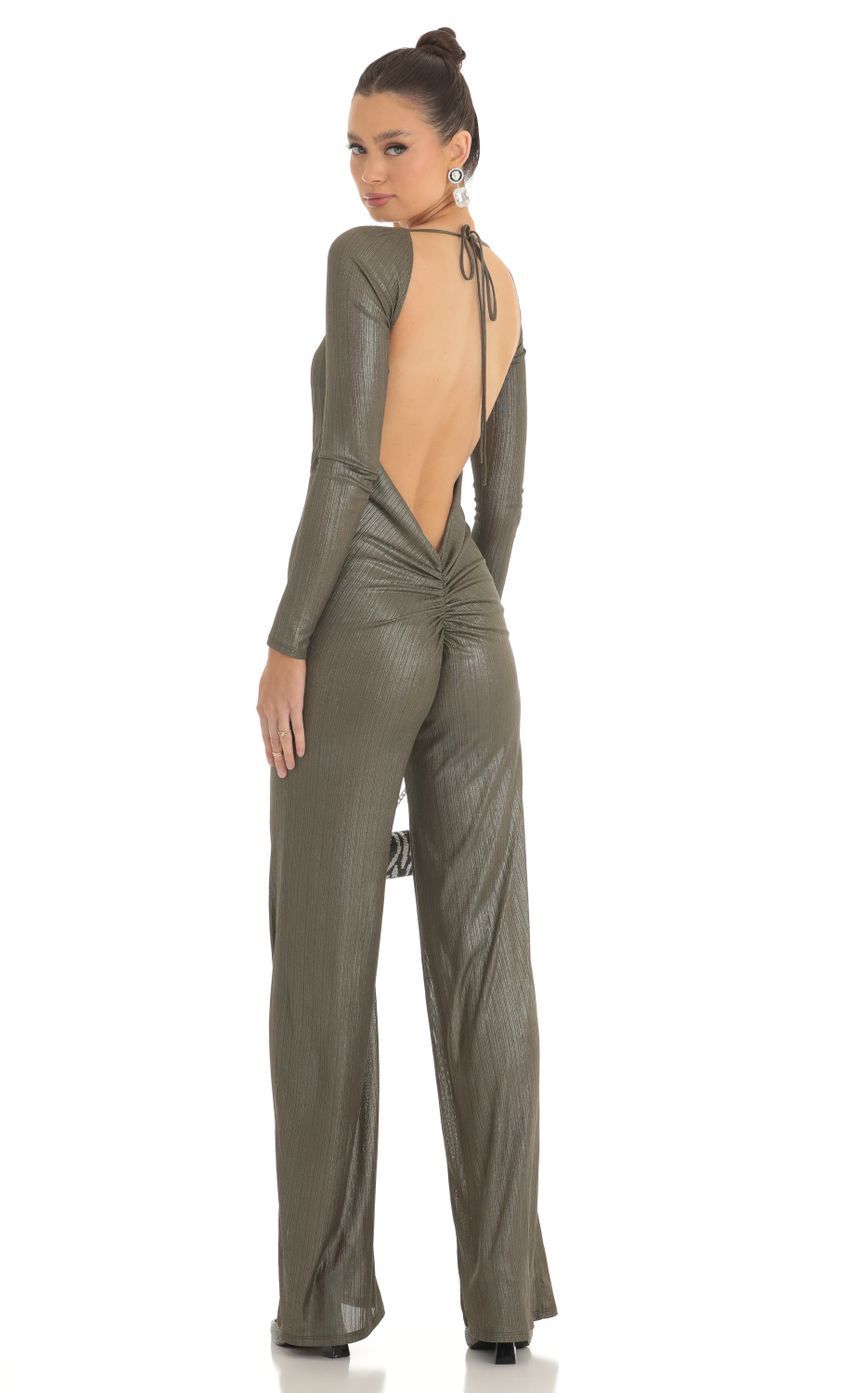 Shimmer Open Back Long Sleeve Jumpsuit in Olive-Sunny Prom. All rights reserved.