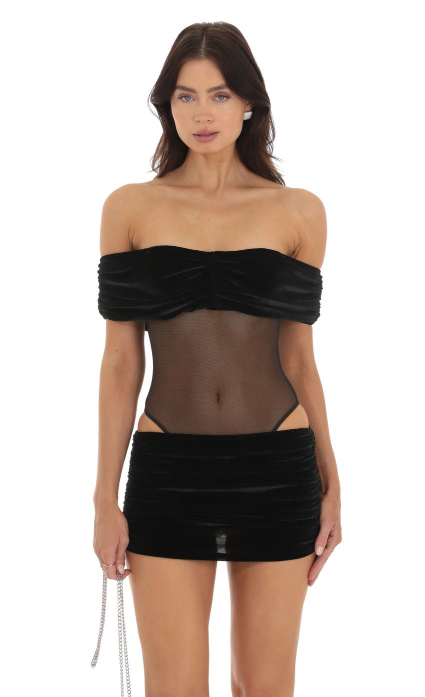 Velvet Off Shoulder Two Piece Set in Black-Sunny Prom. All rights reserved.
