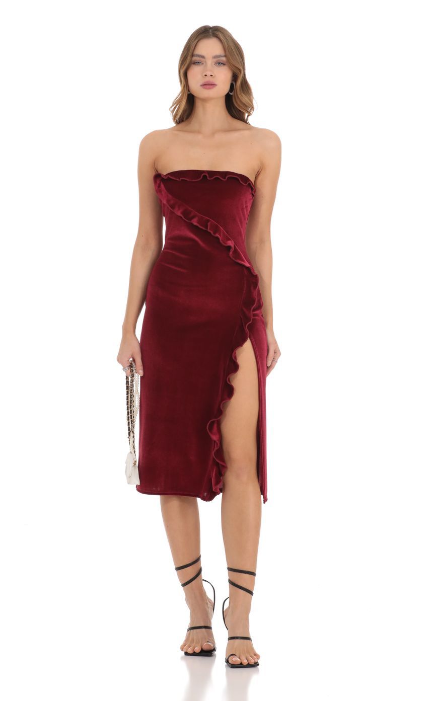 Ruffle Velvet Strapless Midi Dress in Maroon-Sunny Prom. All rights reserved.