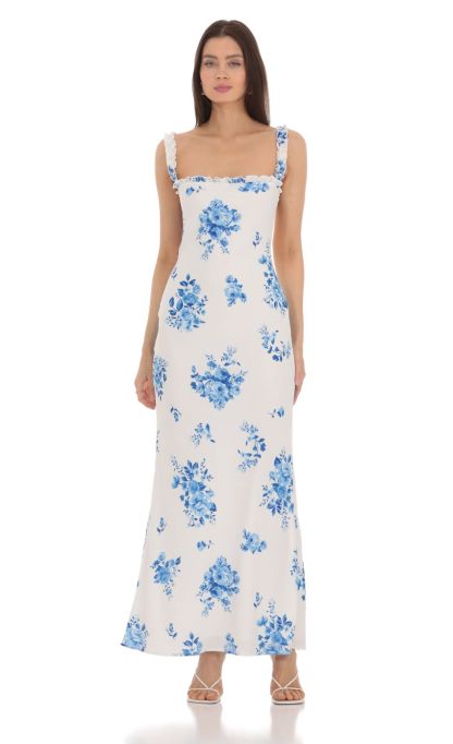 Square Neck Floral Maxi Dress in White-Sunny Prom. All rights reserved.
