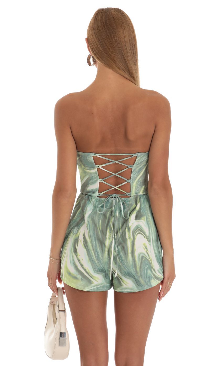 Strapless Romper in Green Swirl-Sunny Prom. All rights reserved.