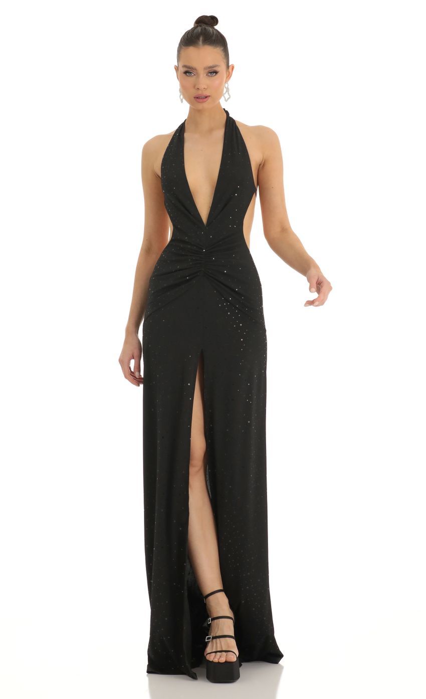 Shimmer Front Slit Open Back Maxi Dress in Black-Sunny Prom. All rights reserved.