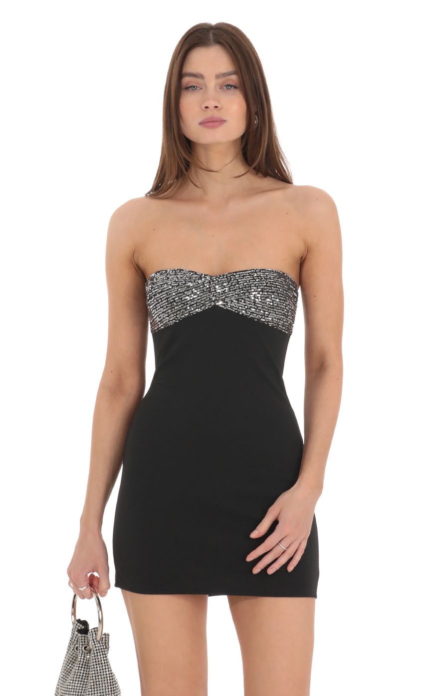 Strapless Sequin Bust Bodycon Dress in Black-Sunny Prom. All rights reserved.