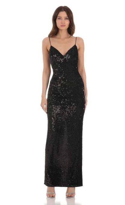Velvet Sequin Back Bow Maxi Dress in Black-Sunny Prom. All rights reserved.