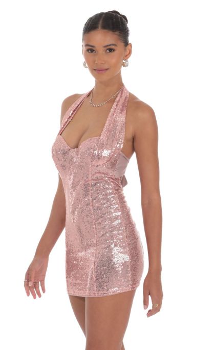 Sequin Halter Bodycon Dress in Rose Gold-Sunny Prom. All rights reserved.