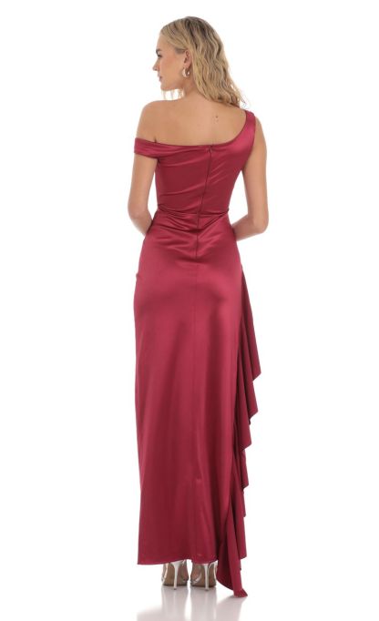 Satin Off Shoulder Maxi Dress in Maroon-Sunny Prom. All rights reserved.