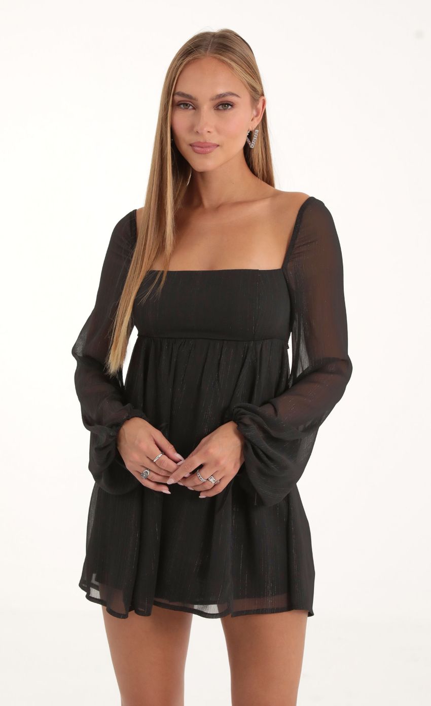 Striped Long Sleeve Baby Doll Dress in Black-Sunny Prom. All rights reserved.