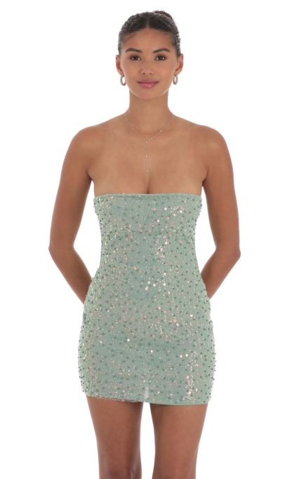 Strapless Sequin Beaded Dress in Sage Green-Sunny Prom. All rights reserved.