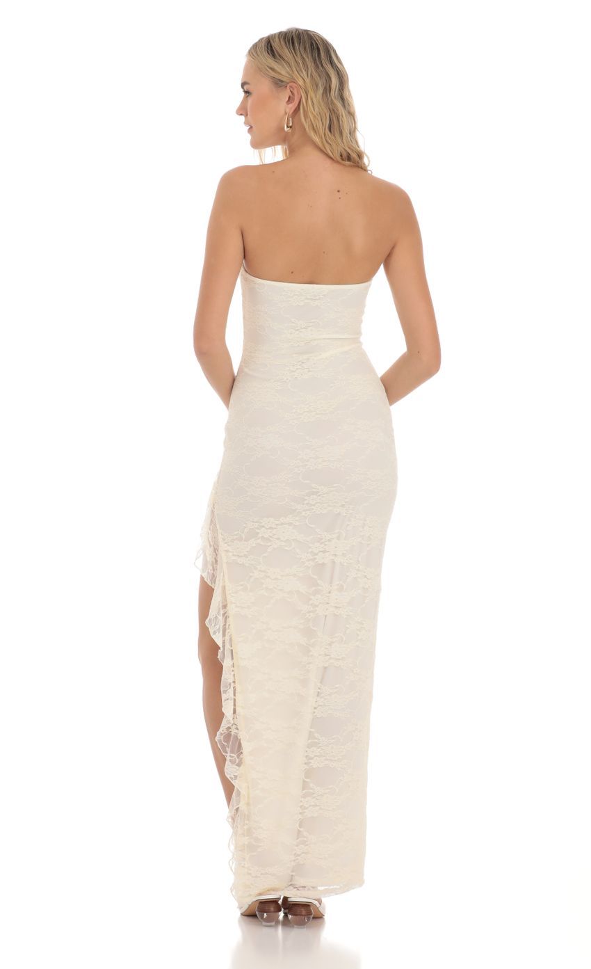 Strapless Lace Ruffle Slit Dress in Cream-Sunny Prom. All rights reserved.