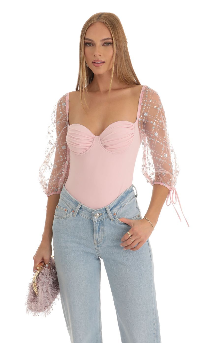Sequin Puff Sleeve Bodysuit in Pink-Sunny Prom. All rights reserved.
