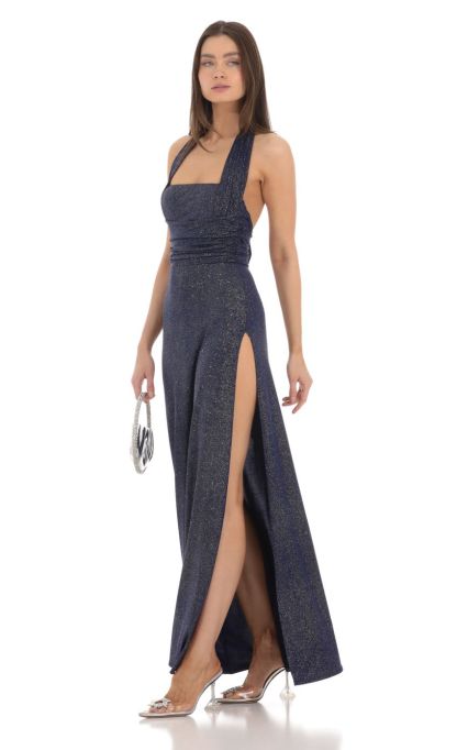 Shimmer Halter Maxi Dress in Navy-Sunny Prom. All rights reserved.