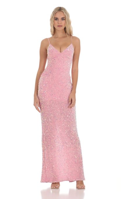 Velvet Sequin Back Bow Maxi Dress in Pink-Sunny Prom. All rights reserved.