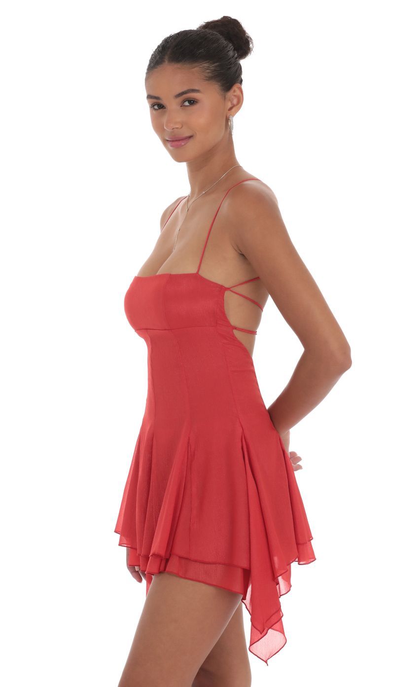 Shimmer Asymmetrical Side Flare Dress in Red-Sunny Prom. All rights reserved.
