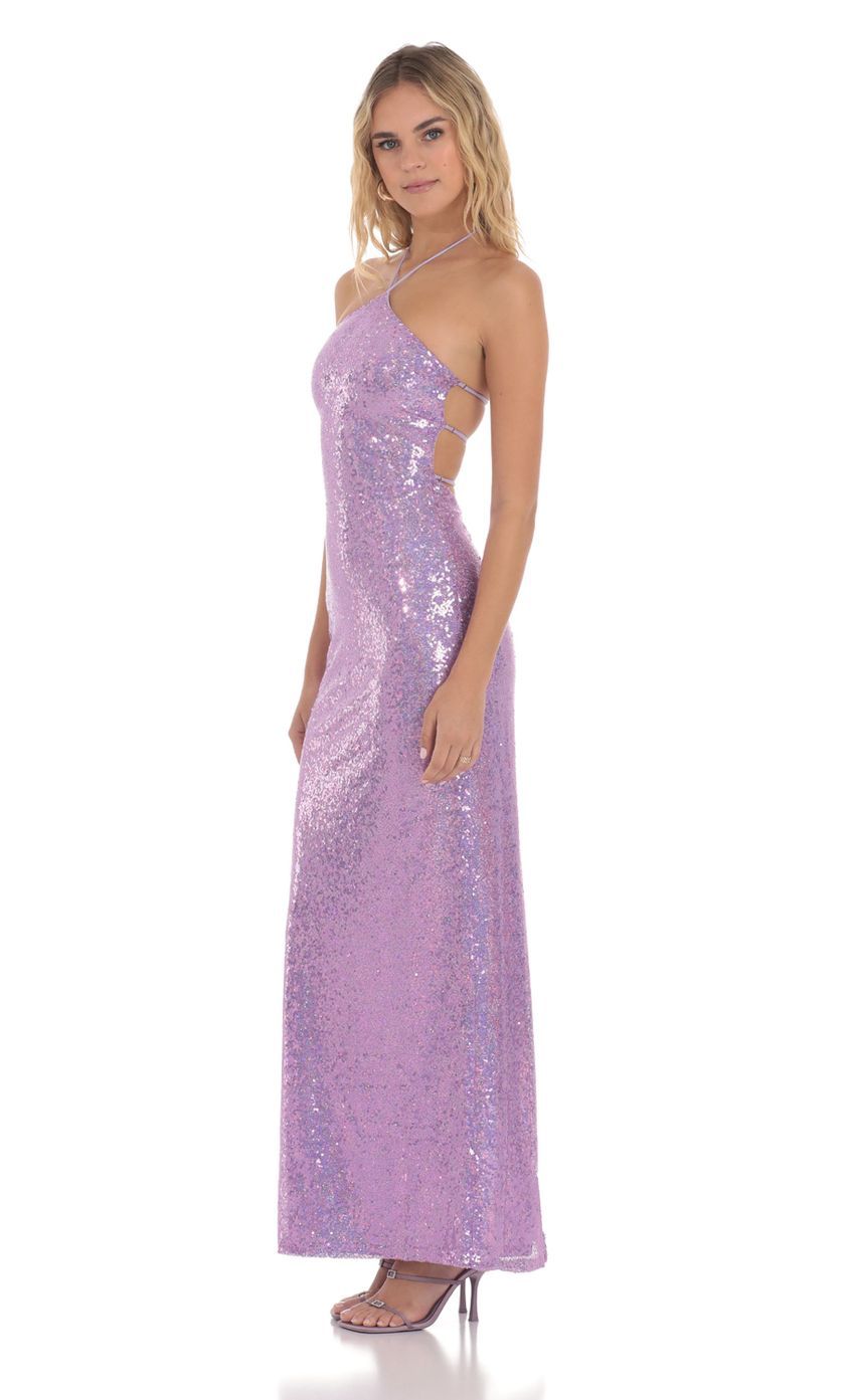 Sequin Halter Maxi Dress in Lavender-Sunny Prom. All rights reserved.