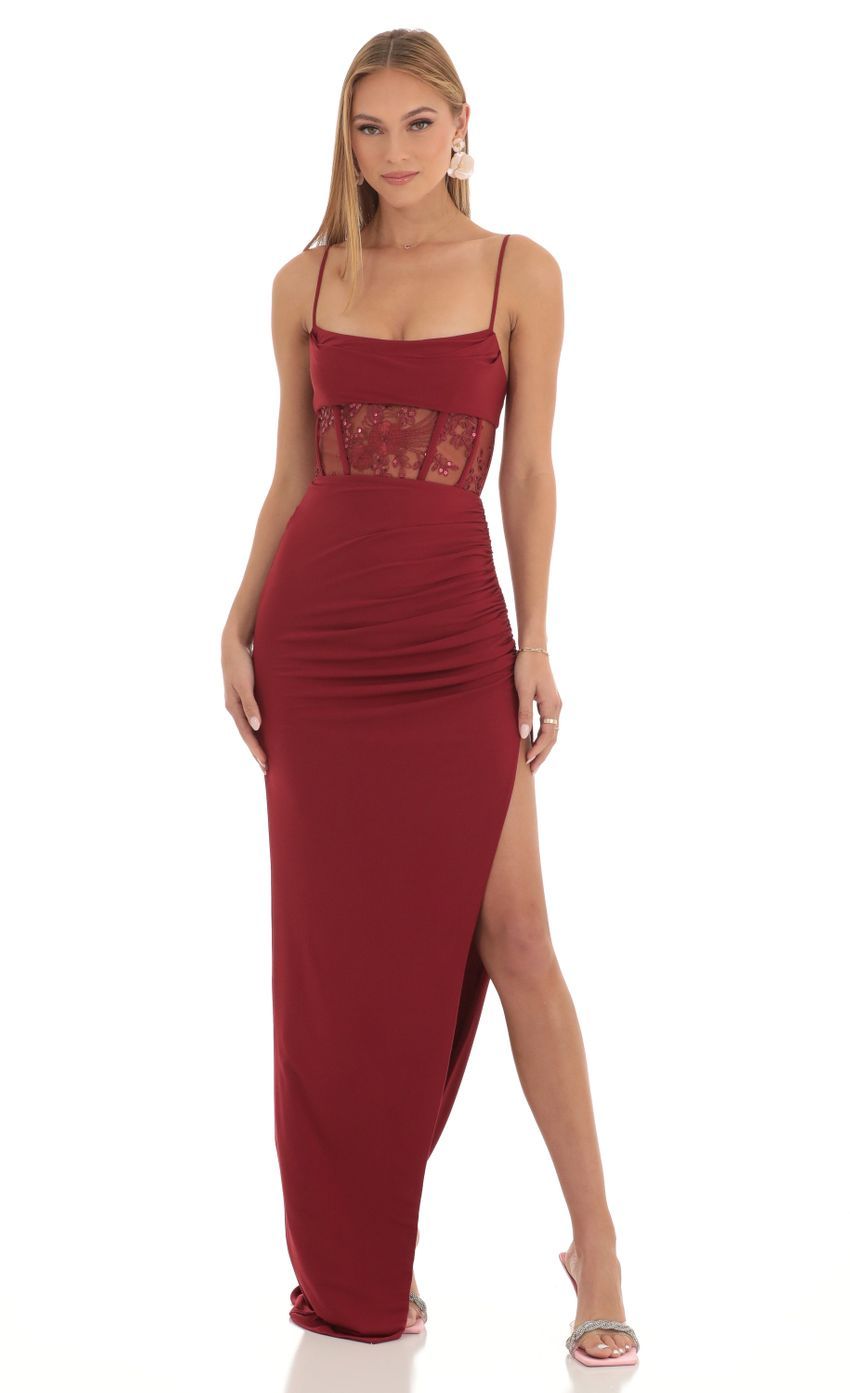 Sequin Mesh Corset Cowl Maxi Dress in Maroon-Sunny Prom. All rights reserved.