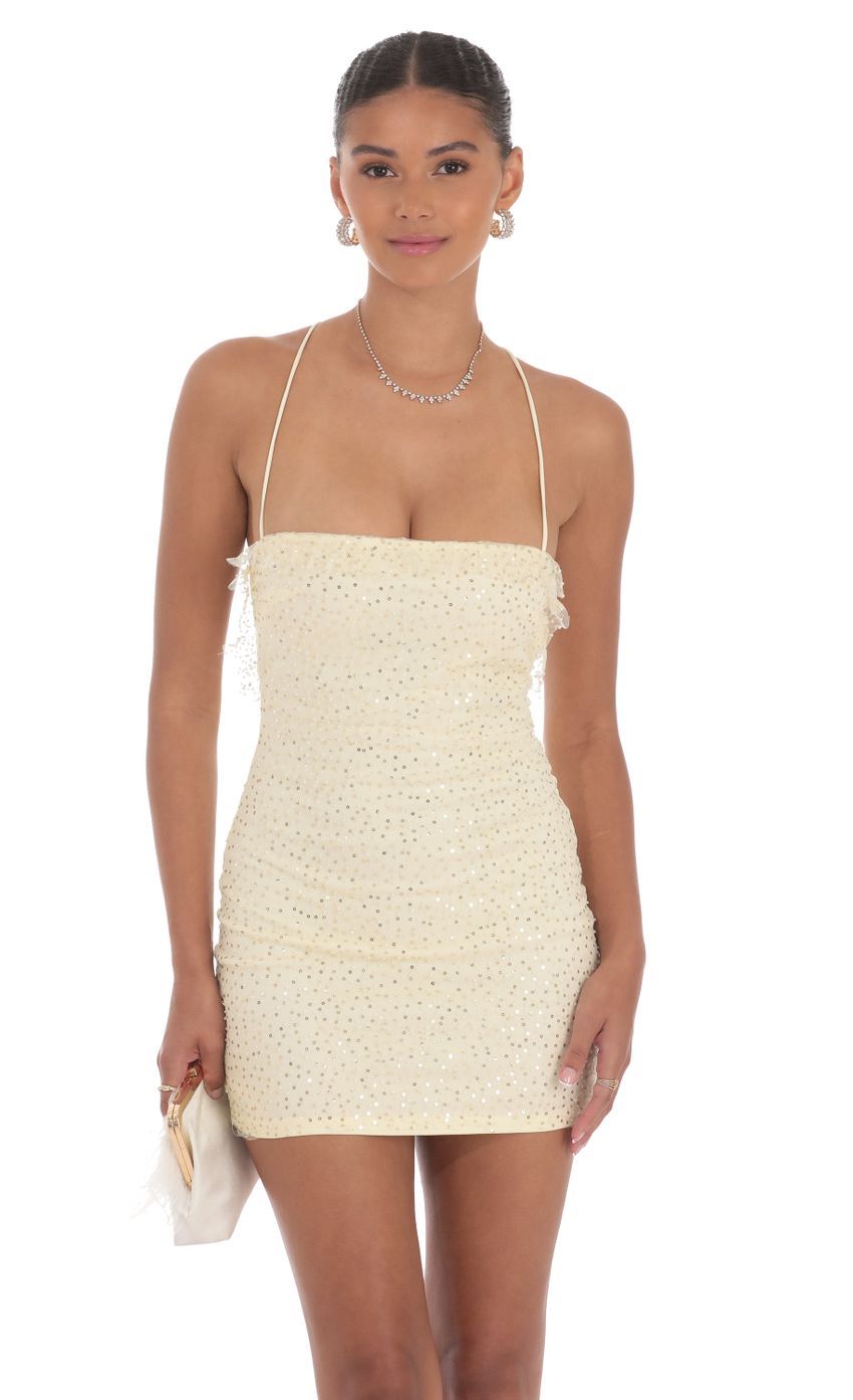 Sequin Ruffle Mini Dress in Yellow-Sunny Prom. All rights reserved.