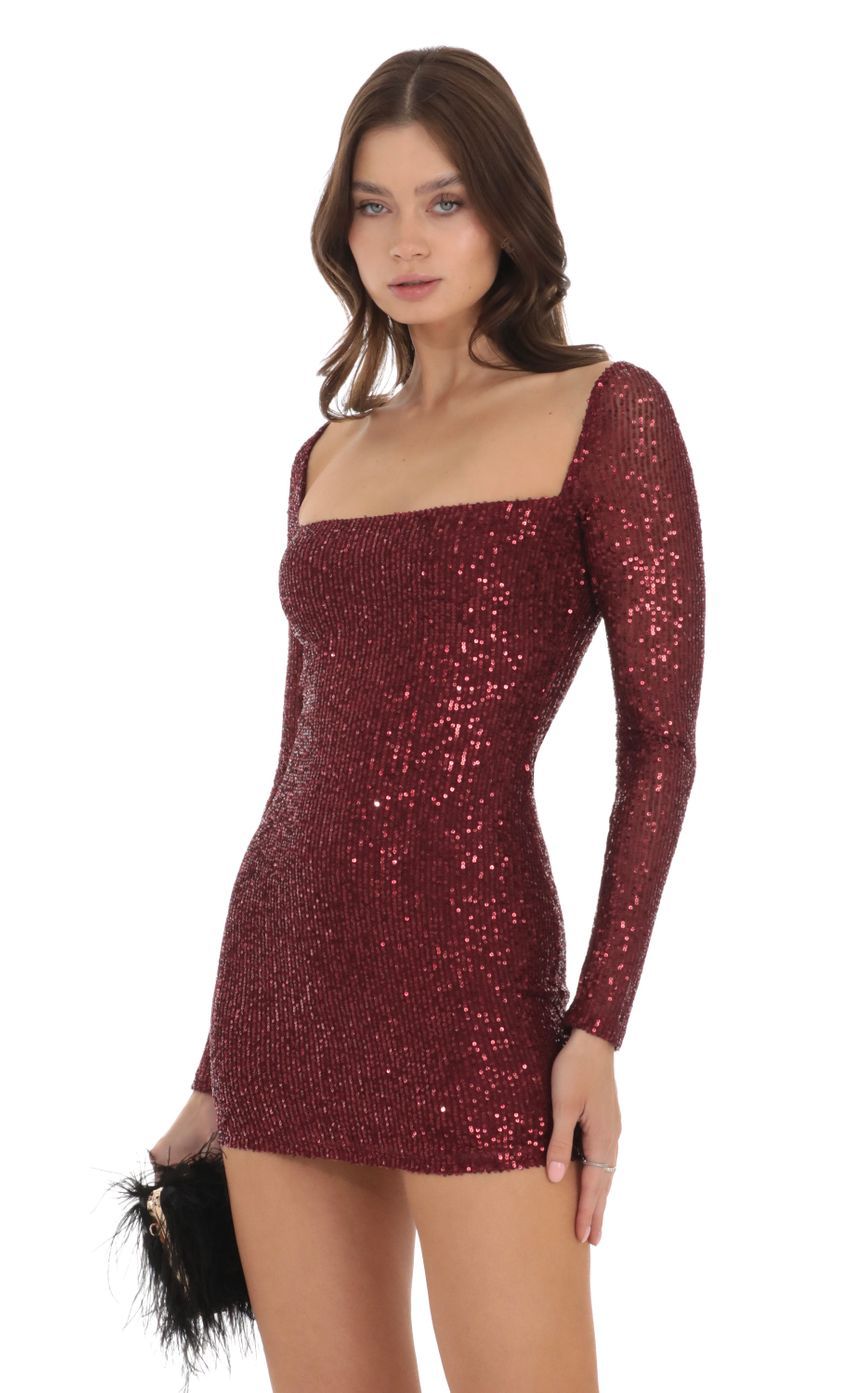 Sequin Long Sleeve Dress in Maroon-Sunny Prom. All rights reserved.