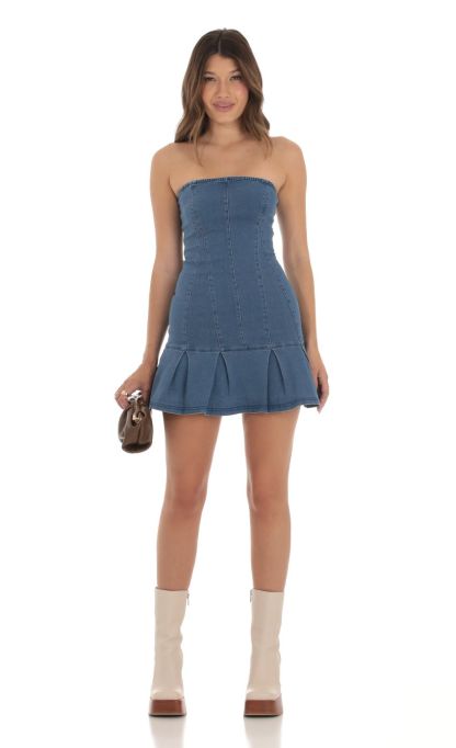 Strapless Pleated Dress in Denim-Sunny Prom. All rights reserved.