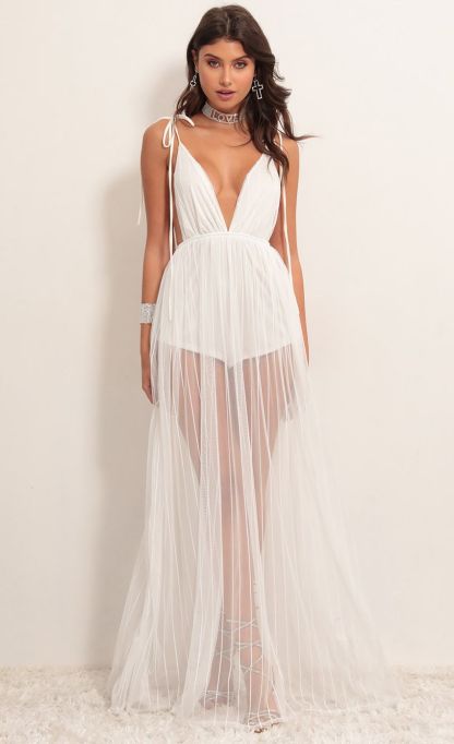 Skylar Love Ties Maxi Dress in White Stripes-Sunny Prom. All rights reserved.
