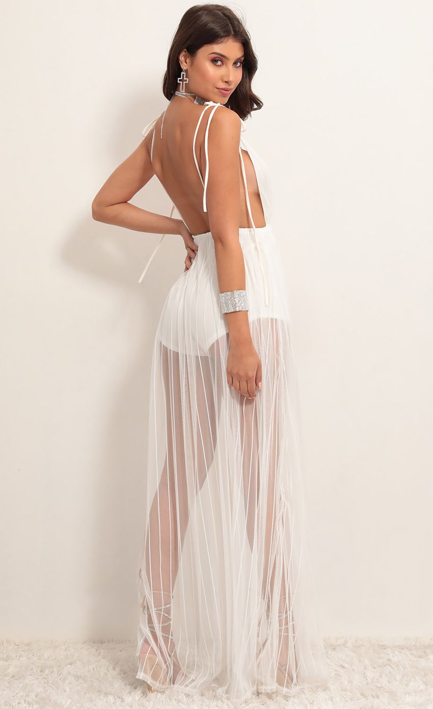 Skylar Love Ties Maxi Dress in White Stripes-Sunny Prom. All rights reserved.