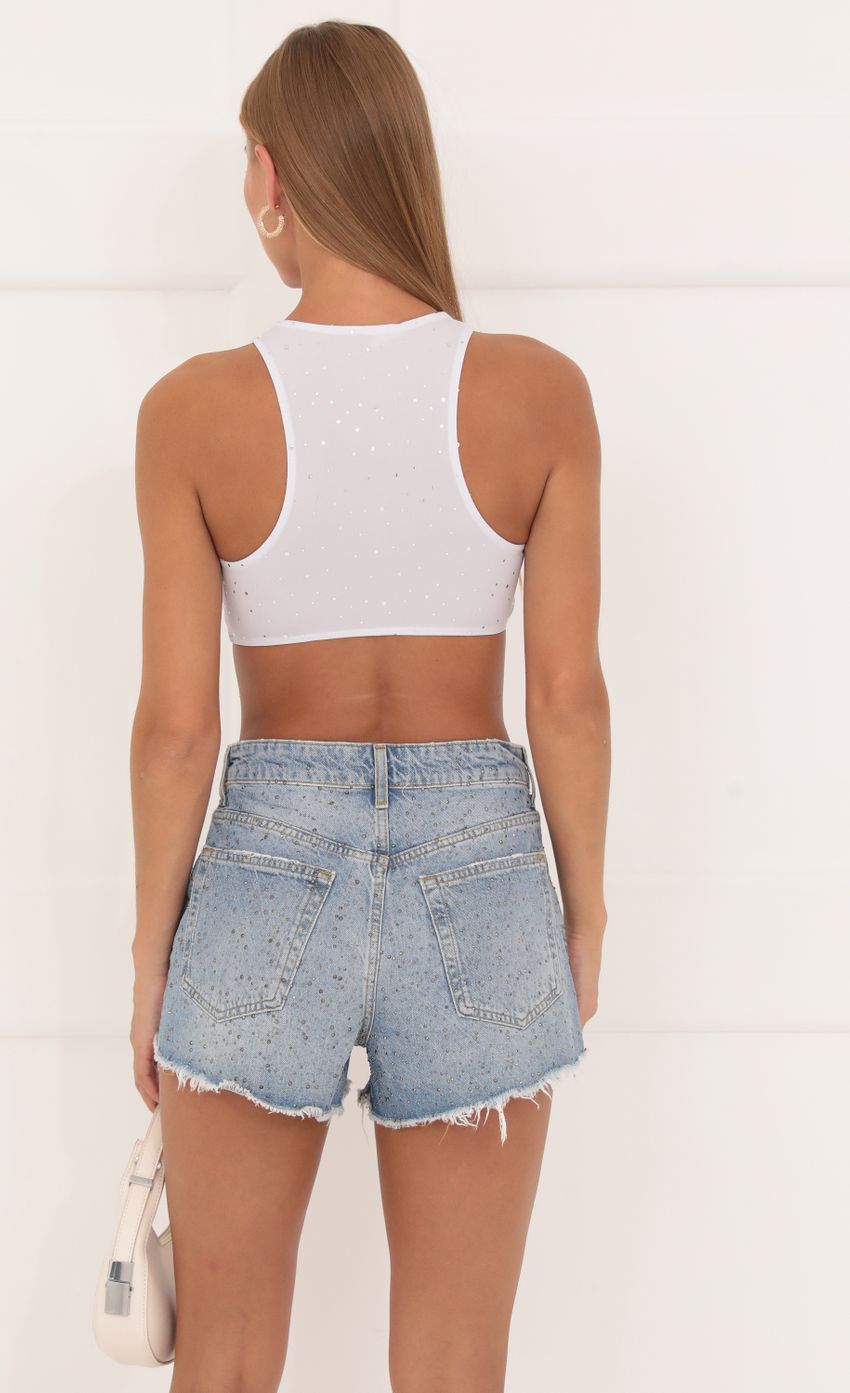 Shimmer Silver Racer Back Top in White-Sunny Prom. All rights reserved.