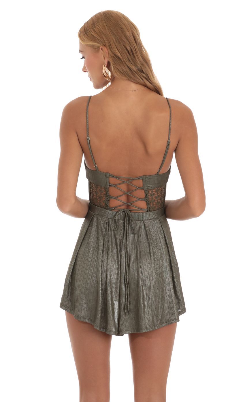 Shimmer Embroidered Corset Romper in Olive Green-Sunny Prom. All rights reserved.