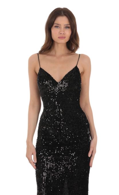 Velvet Sequin Back Bow Maxi Dress in Black-Sunny Prom. All rights reserved.