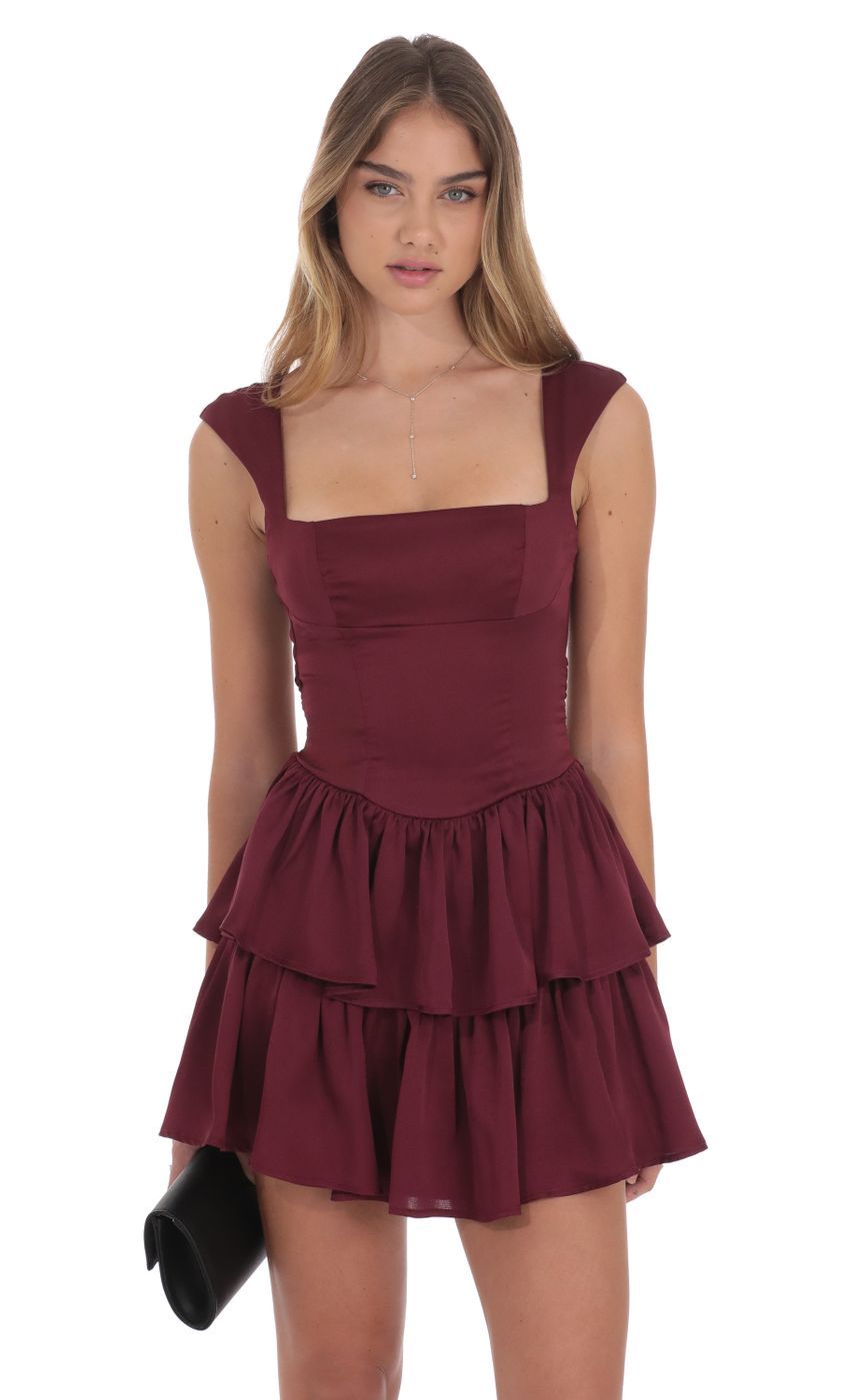 Wide Strap Ruffle Dress in Burgundy-Sunny Prom. All rights reserved.