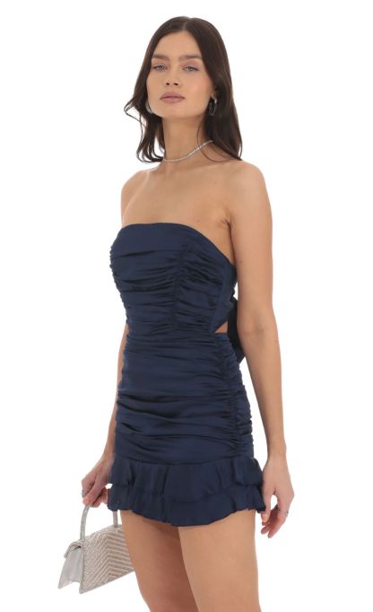 Strapless Satin Ruched Bodycon Dress in Navy-Sunny Prom. All rights reserved.