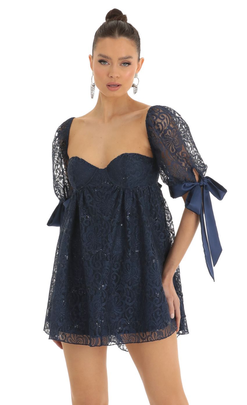 Sequin Lace Baby Doll Dress in Dark Blue-Sunny Prom. All rights reserved.