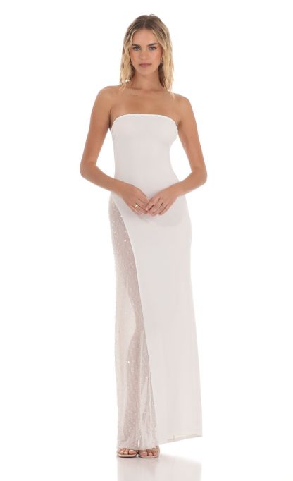 Strapless Mesh Sequin Slit in White-Sunny Prom. All rights reserved.