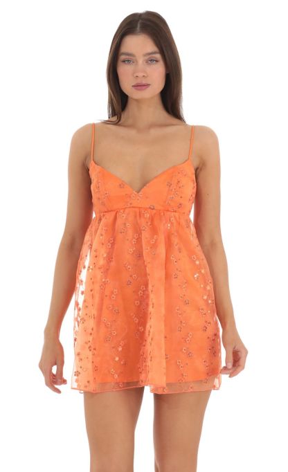 Sequin Floral Babydoll Dress in Orange-Sunny Prom. All rights reserved.