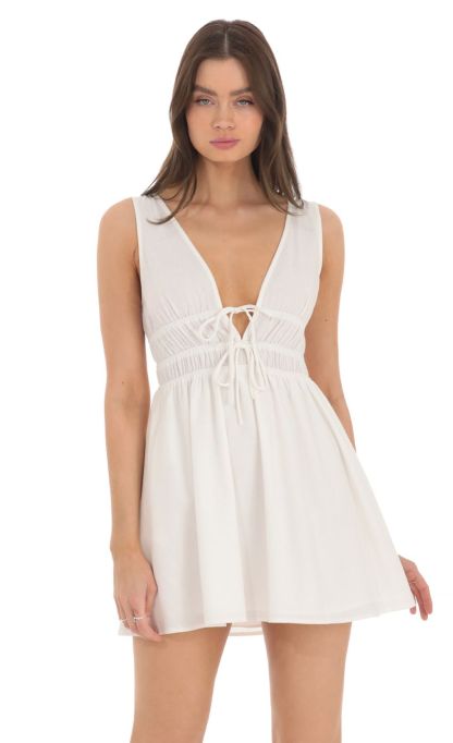V- Neck Linen Dress in White-Sunny Prom. All rights reserved.