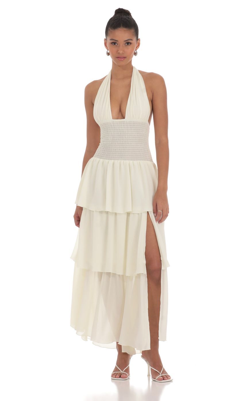 Smocked Halter Maxi Dress in Cream-Sunny Prom. All rights reserved.