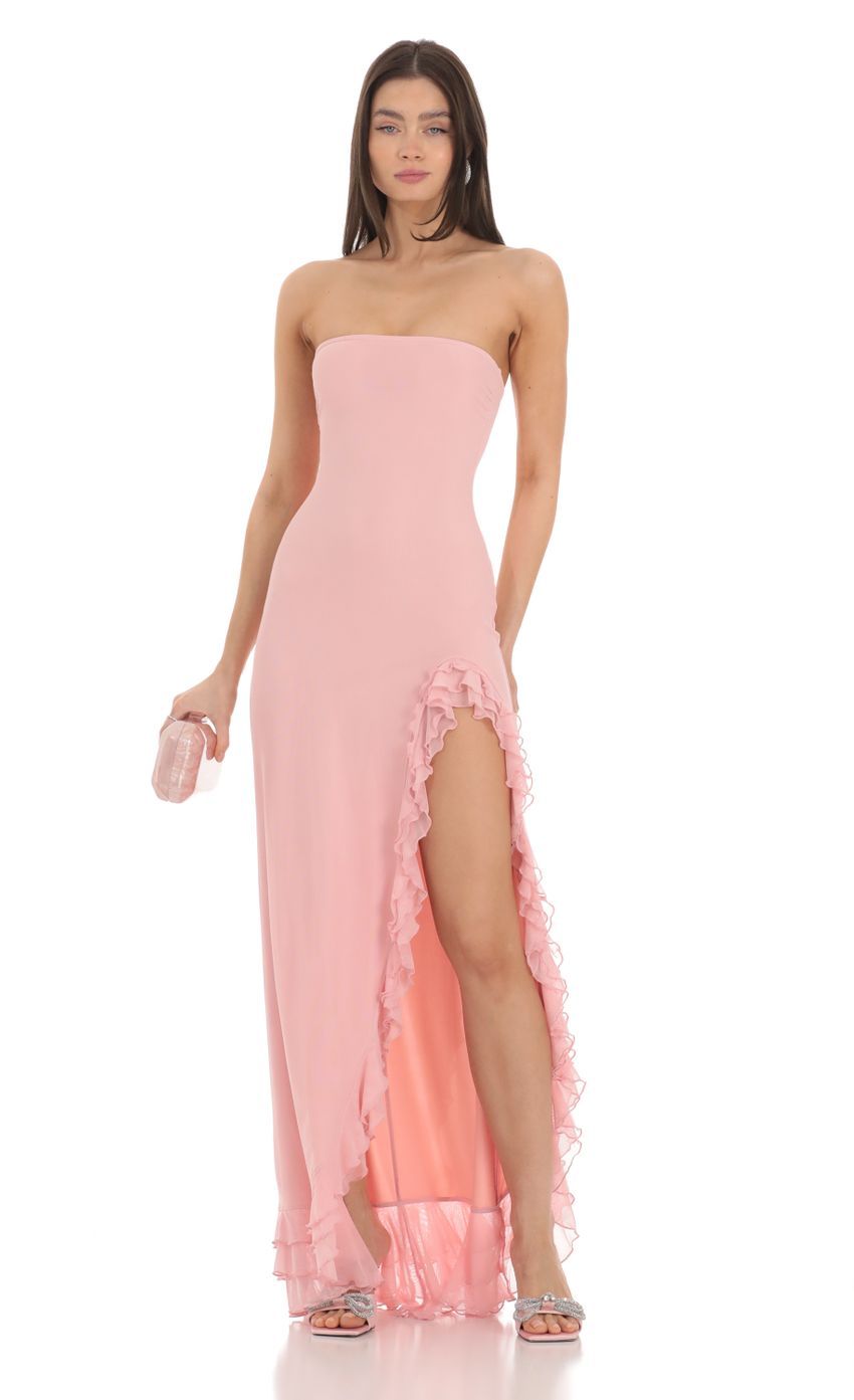 Strapless Mesh Ruffle Maxi Dress in Pink-Sunny Prom. All rights reserved.