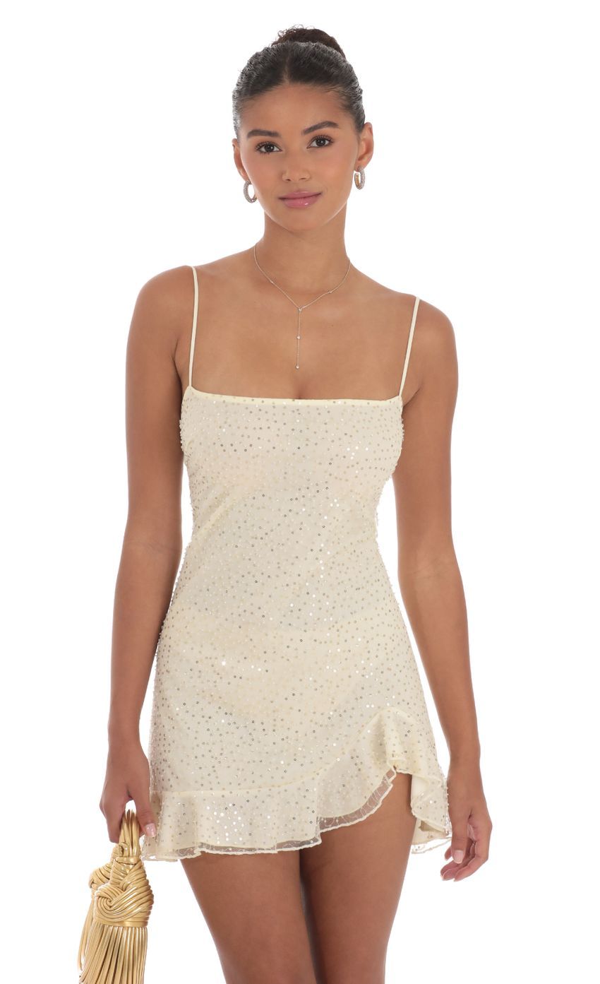 Sequin Ruffle Dress in Pale Yellow-Sunny Prom. All rights reserved.