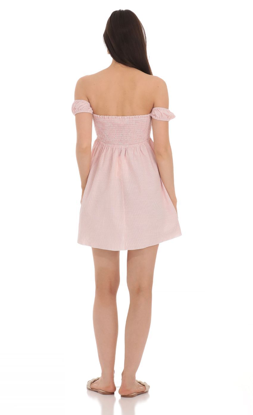 Striped Smocked Off Shoulder Dress in Pink-Sunny Prom. All rights reserved.
