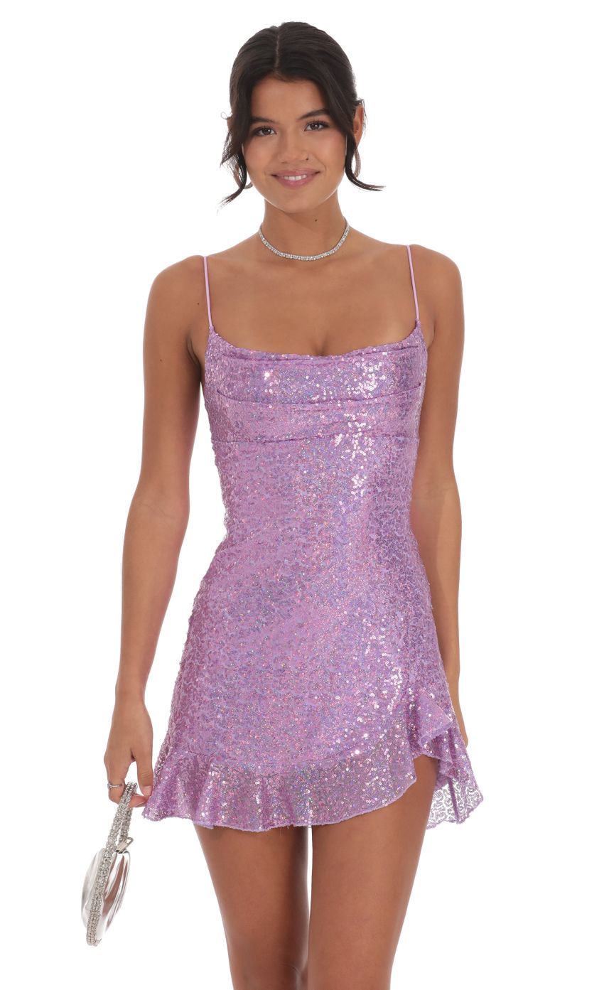 Sequin Ruffled Slit Dress in Lavender-Sunny Prom. All rights reserved.