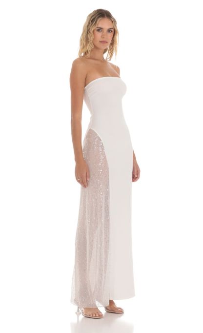 Strapless Mesh Sequin Slit in White-Sunny Prom. All rights reserved.