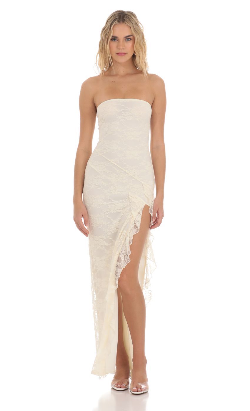 Strapless Lace Ruffle Slit Dress in Cream-Sunny Prom. All rights reserved.