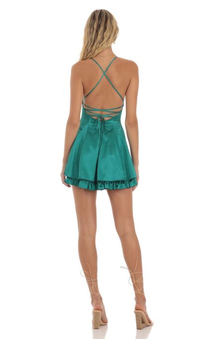 Satin Flare Dress in Green-Sunny Prom. All rights reserved.