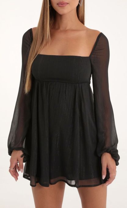 Striped Long Sleeve Baby Doll Dress in Black-Sunny Prom. All rights reserved.